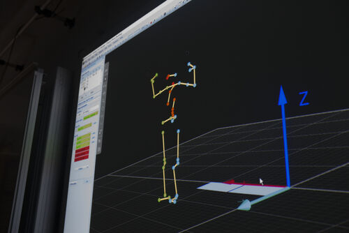 Foto von einem Bildschirm mit einem Programm wo ein Mensch als Strichmännchen abgebildet ist zur Analyse