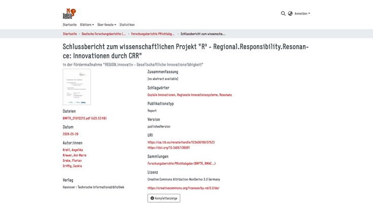Schlussbericht zum wissenschaftlichen Projekt "R³ - Regional.Responsibility.Resonance: Innovationen durch CRR"