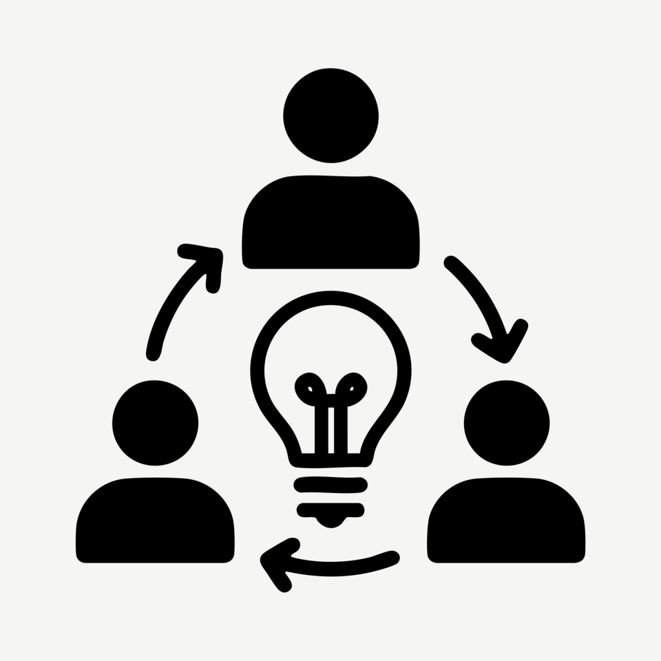 Impulse zwischen Wissenschaft, Praxis & Gesellschaft. Abstrakte Dartellung von Menschen, die im einem Kreislaug, mit Pfeilen miteinander verbunden sind. In der Mitte liegt eine Glühbirne.