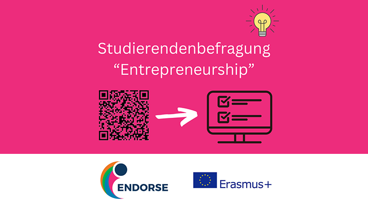 Banner für die Studierendenbefragung. Ein QR Code, der zur Umfrage führt.