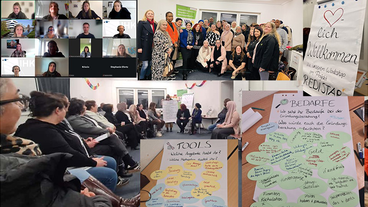 Ein digitales Gruppenfoto vom Workshop am 3.11. mit Vertreter*innen der der öffentlichen Gründungsberatung; ein Gruppenfoto vom Workshop mit Vertreter*innen der Migrant*innenorganisationen im VKI am 18.11.; Bedarfe & Möglichkeiten sichtbar machen und sich offen austauschen, Flipcharts, die in den Workshops erstellt wurden.