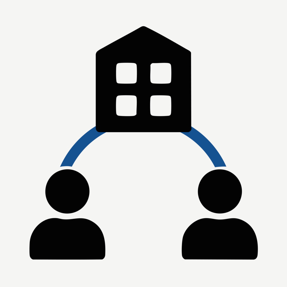 Forschung mit und für die Region. Zwei abstrakte Personen, die, jeweils mit einem Pfeil, mit einem Gebäude verbunden sind. Es findet ein Austausch statt.