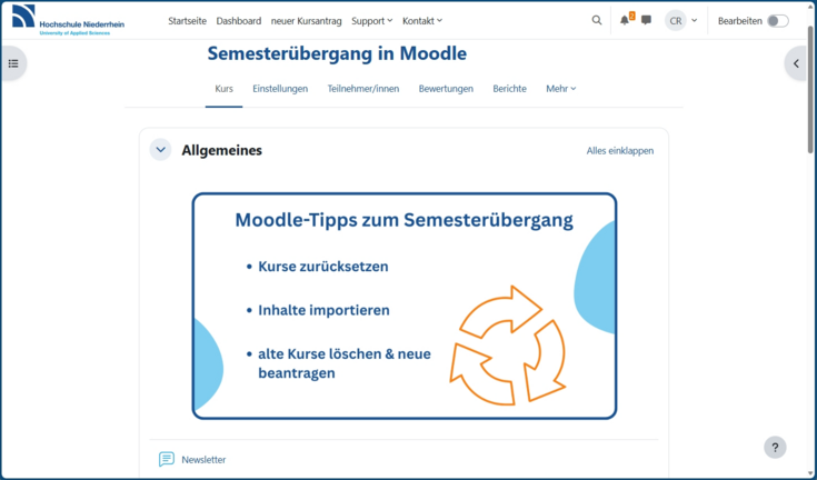 Screenshot: Moodle-Kurs mit Grafik "Moodle-Tipps zum Semesterübergang"