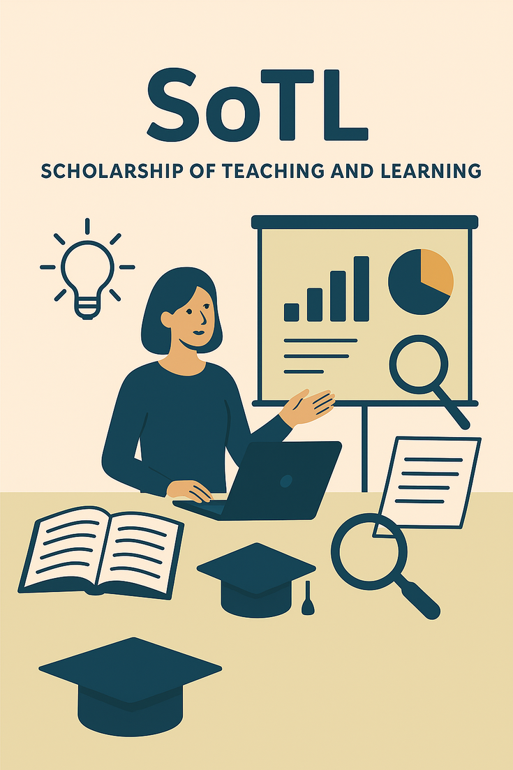 Eine Person sitzt an einem Tisch vor einem Laptop und gestikuliert, während sie auf ein Präsentationsboard zeigt, das Diagramme und ein Tortendiagramm zeigt. Auf dem Tisch liegen ein offenes Buch, zwei Doktorhüte, ein Blatt Papier und eine Lupe. Links über der Person ist eine Glühbirne als Symbol für Ideen abgebildet. Der Hintergrund ist schlicht hellbeige, und die Darstellung ist minimalistisch in dunklem Blau und gedeckten Gelbtönen gehalten. Oben im Bild steht groß „SoTL“ mit dem Untertitel „Scholarship of Teaching and Learning