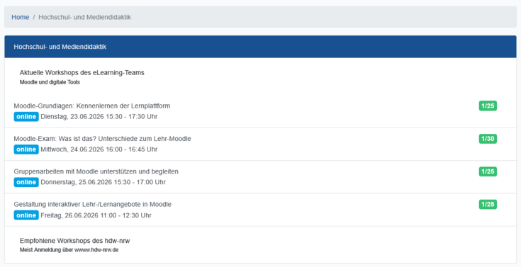 Screenshot ANT-System mit Fokus auf die vier Workshops des eLearning-Teams