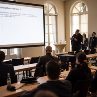 Perspektive eines Teilnehmendes, welches nach vorne, zur Präsentation und den Präsentierenden schaut.