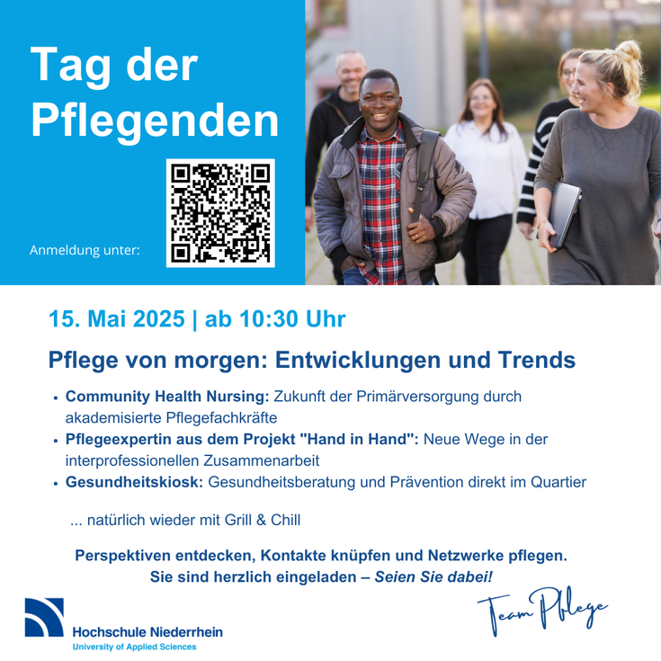 Tag der Pflegenden, 15. Mai 2025 ab 10:30; Pflege von morgen: Entwicklingen und Trends: Community Health Nursing: Zukunft der Primärversorgung durch akademisierte Pflegefachkräfte; Pflegeexpertin aus dem Projekt "Hand in Hand": Neue Wege in der interprofessionellen Zusammenarbeit; Gesundheitskiosk: Gesundheitsberatung und Prävention direkt im Quartier; ...natürlich wieder mit Grill & Chill. Perspektiven entdecken, Kontakte knüpfen und Netzwerke pflegen. Sie sind herzlich eingeladen - Seien Sie dabei! von Team Pflege