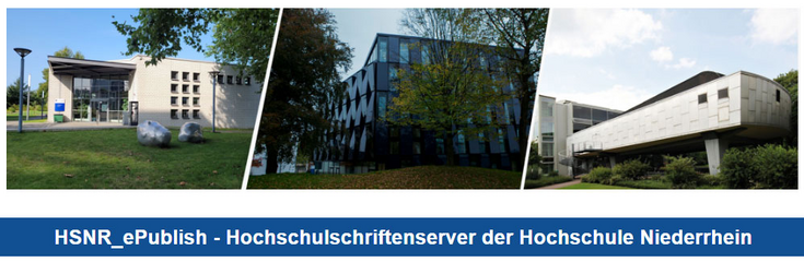 Drei HSNR Gebäude und Schriftzug "HSNR_ePublish - Hochschulschriftenserver der Hochschule Niederrhein
