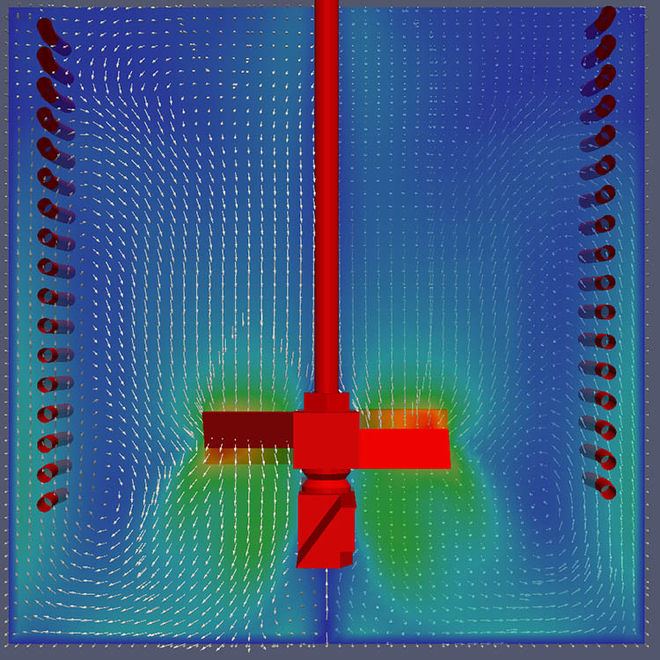 Vertical velocity field in stirred tank pitched blade stirrer; CFD Professor Heyko Schultz