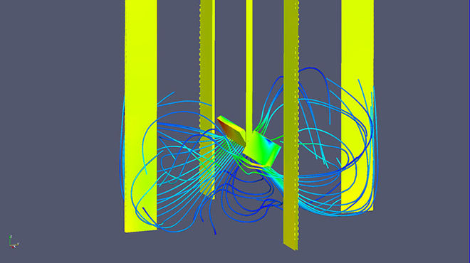 Stream filament around stirrer in baffled stirred reactor; CFD Professor Heyko Schultz