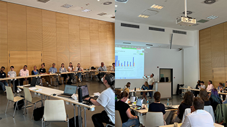 Zusammenstellung aus zwei bildern. Ein Raum, voller Menschen, die für die Sitzung zusammengekommen sind.