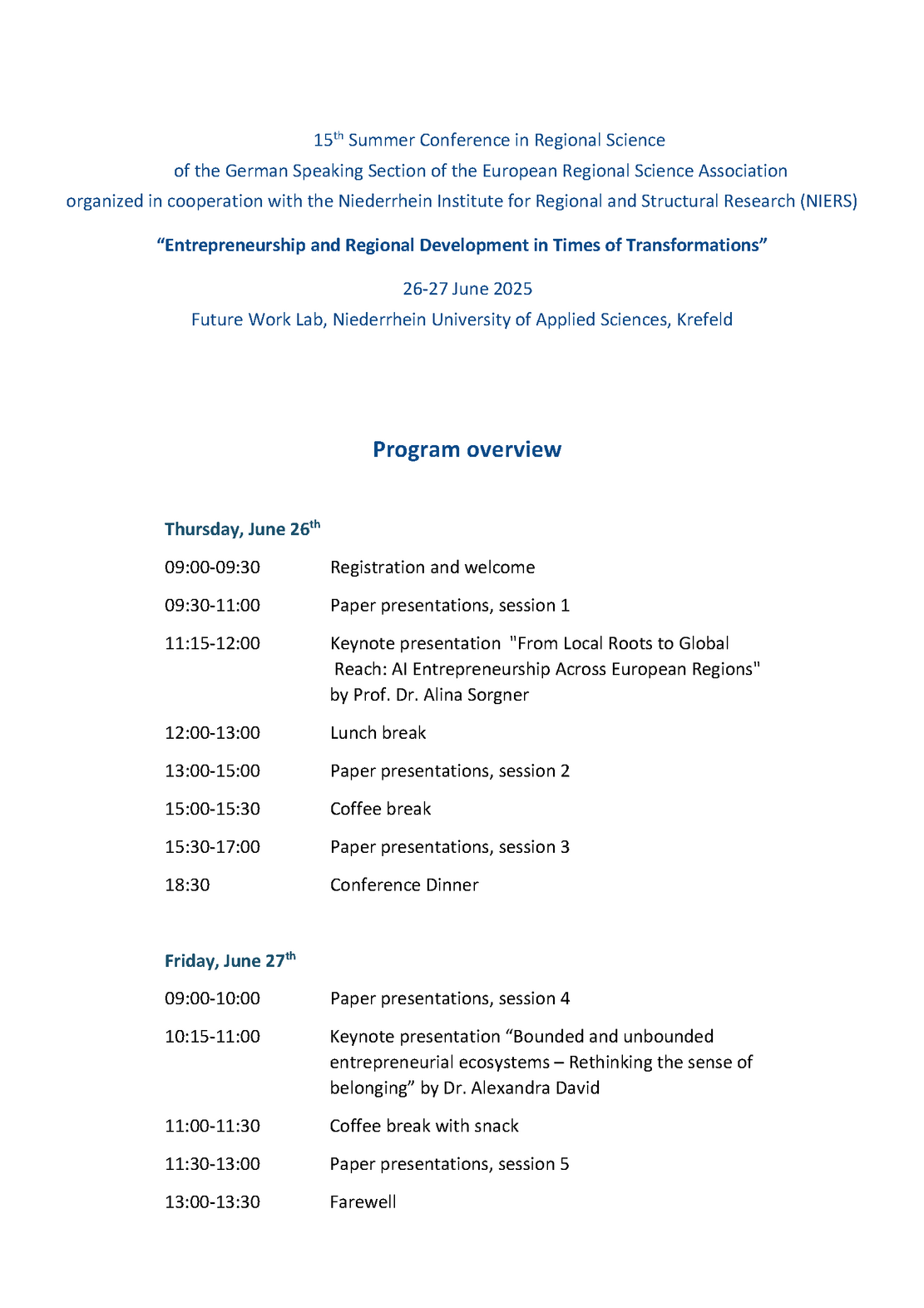 Programmablauf für die Veranstaltung Entrepreneurship and Regional Development in Times of Transformations Summer Conference